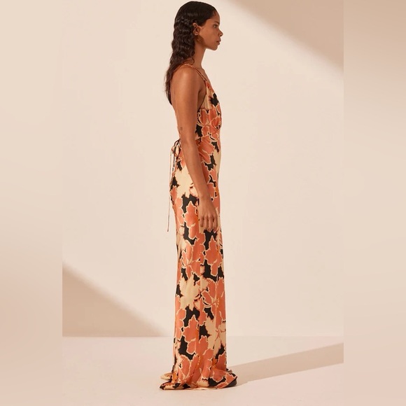 Shona Joy Rosa Silk Plunged Double Strap Maxi Dress - Coral/Multi Color Size 2 - Picture 9 of 10